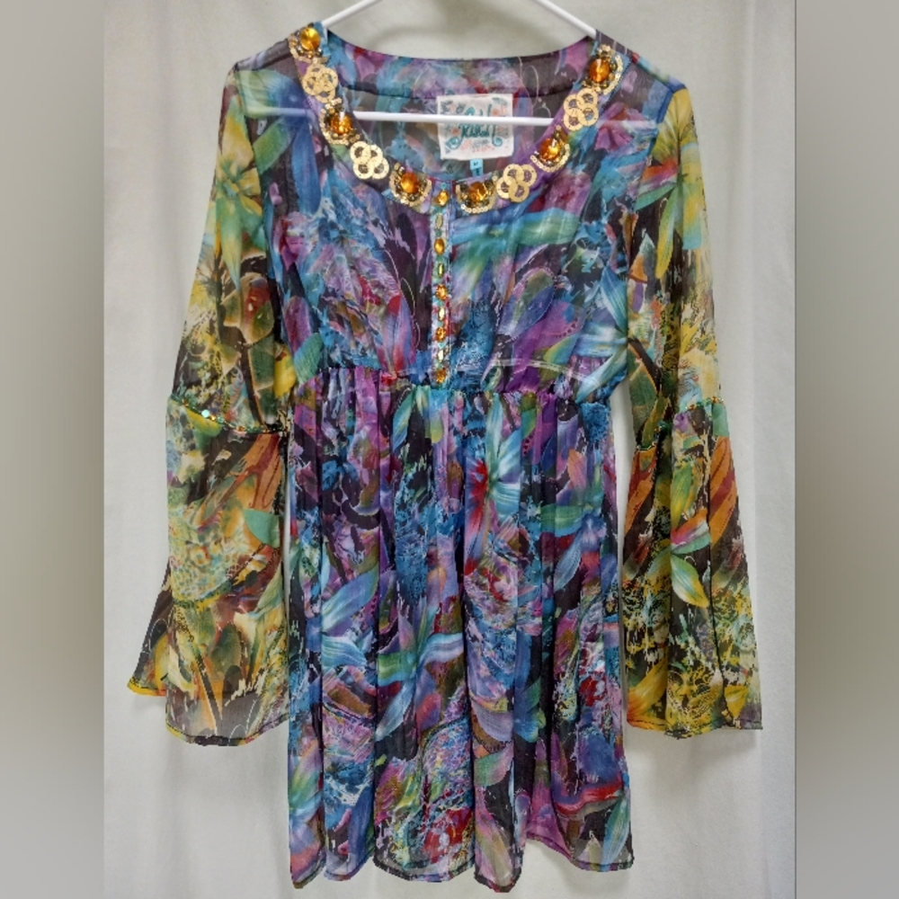 Faith semi sheer colorful beaded sequinned baby doll style tunic top sz M T-300